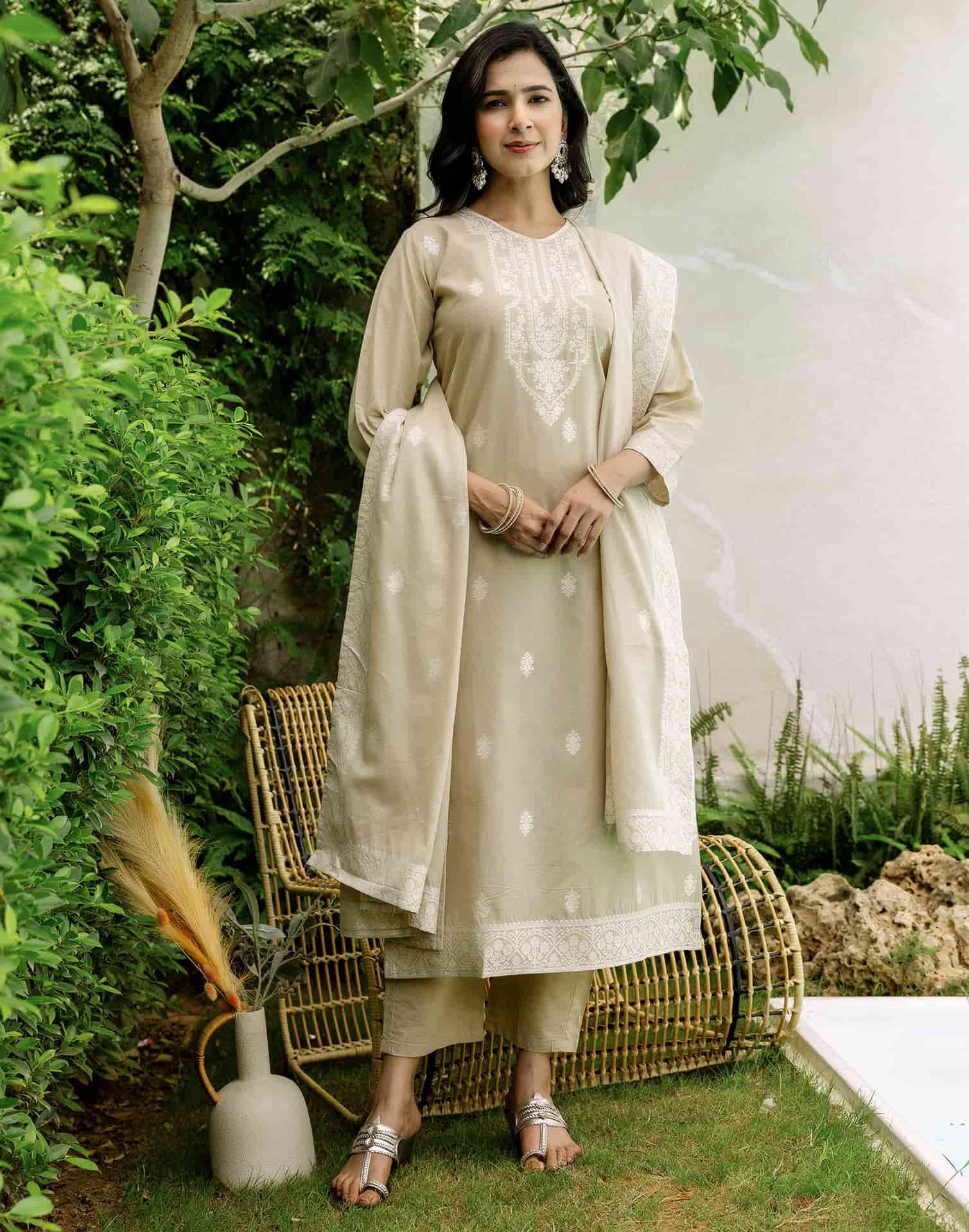 Beige Cotton Woven Straight Kurta Set with Pant & Dupatta under 1250