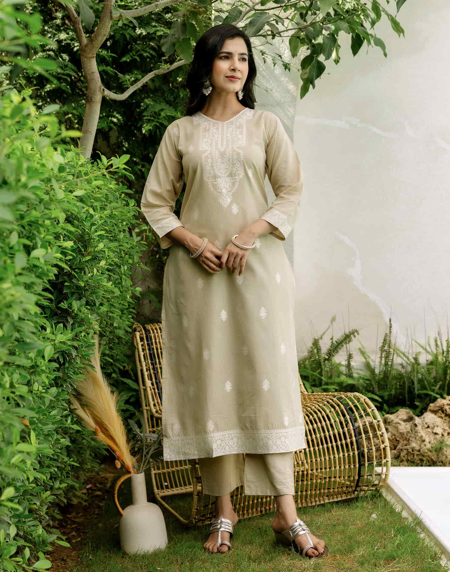 Beige Cotton Woven Straight Kurta Set with Pant & Dupatta under 1250