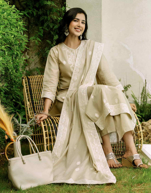 Beige Cotton Woven Straight Kurta Set with Pant & Dupatta under 1250 