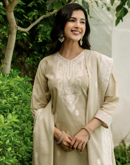 Beige Cotton Woven Straight Kurta Set with Pant & Dupatta under 1250
