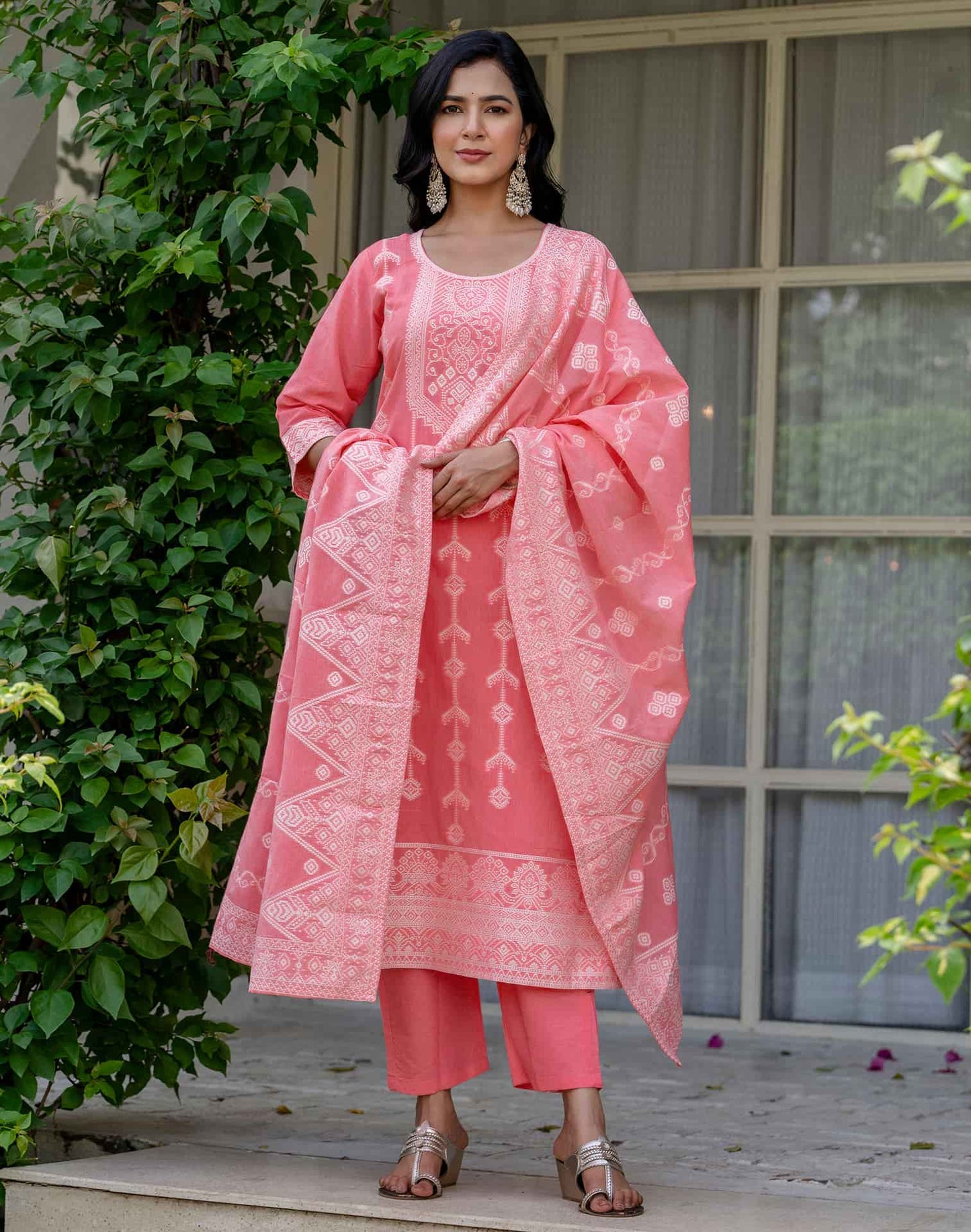 Cotton Woven Design Straight Kurta with Pant & Dupatta