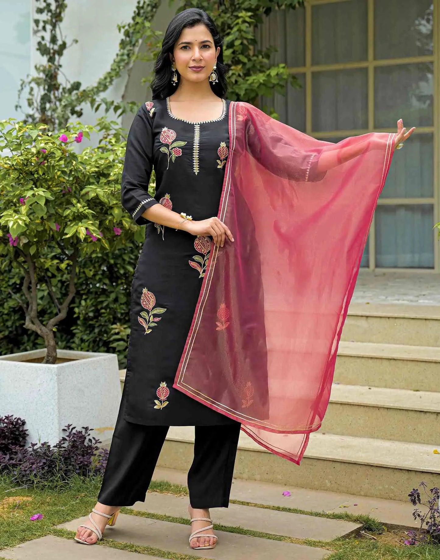 Silk Blend Embroidered Straight Round Neck Kurta with Pant & Dupatta