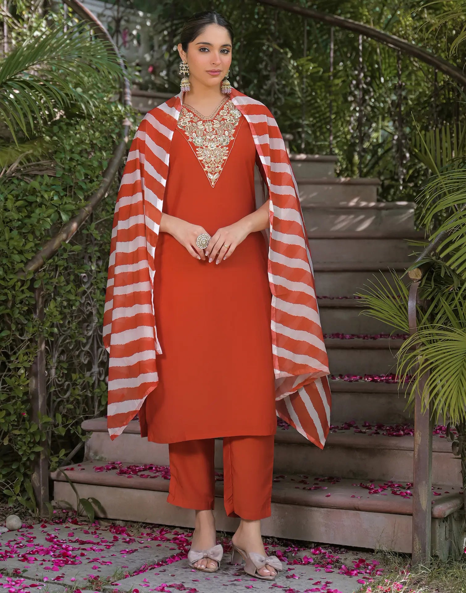 Poly Chinnon Embroidered Straight 3 Piece Kurta Set