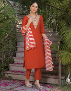 Poly Chinnon Embroidered Straight 3 Piece Kurta Set