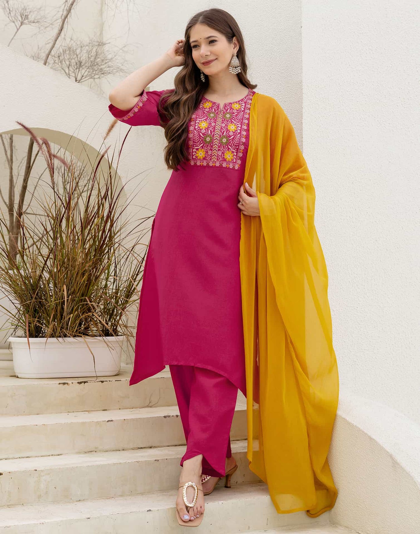 Chinnon Straight Embroidery V-Neck Kurta with Pant & Dupatta