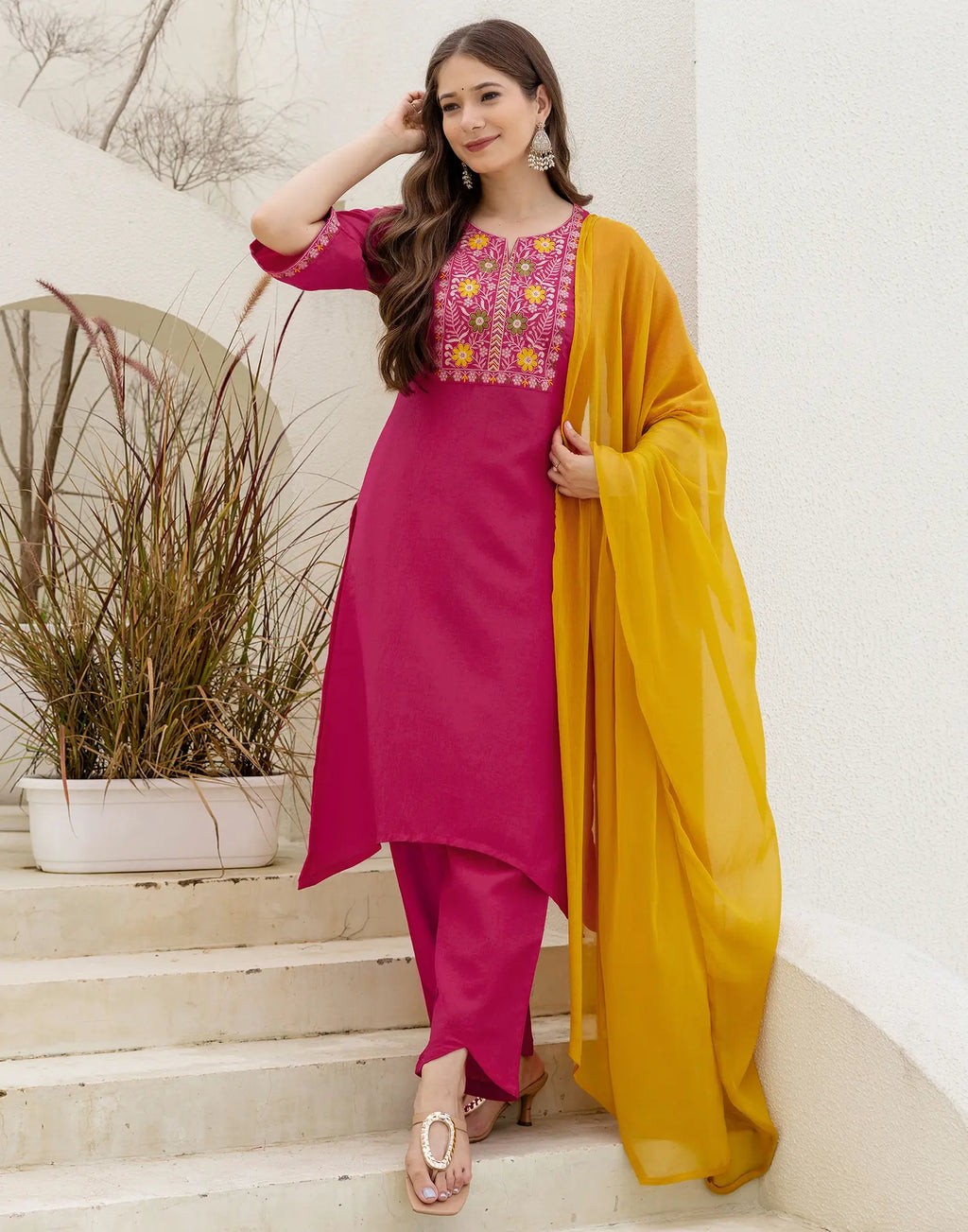 Poly Chinnon Embroidered Straight 3 Piece Kurta Set