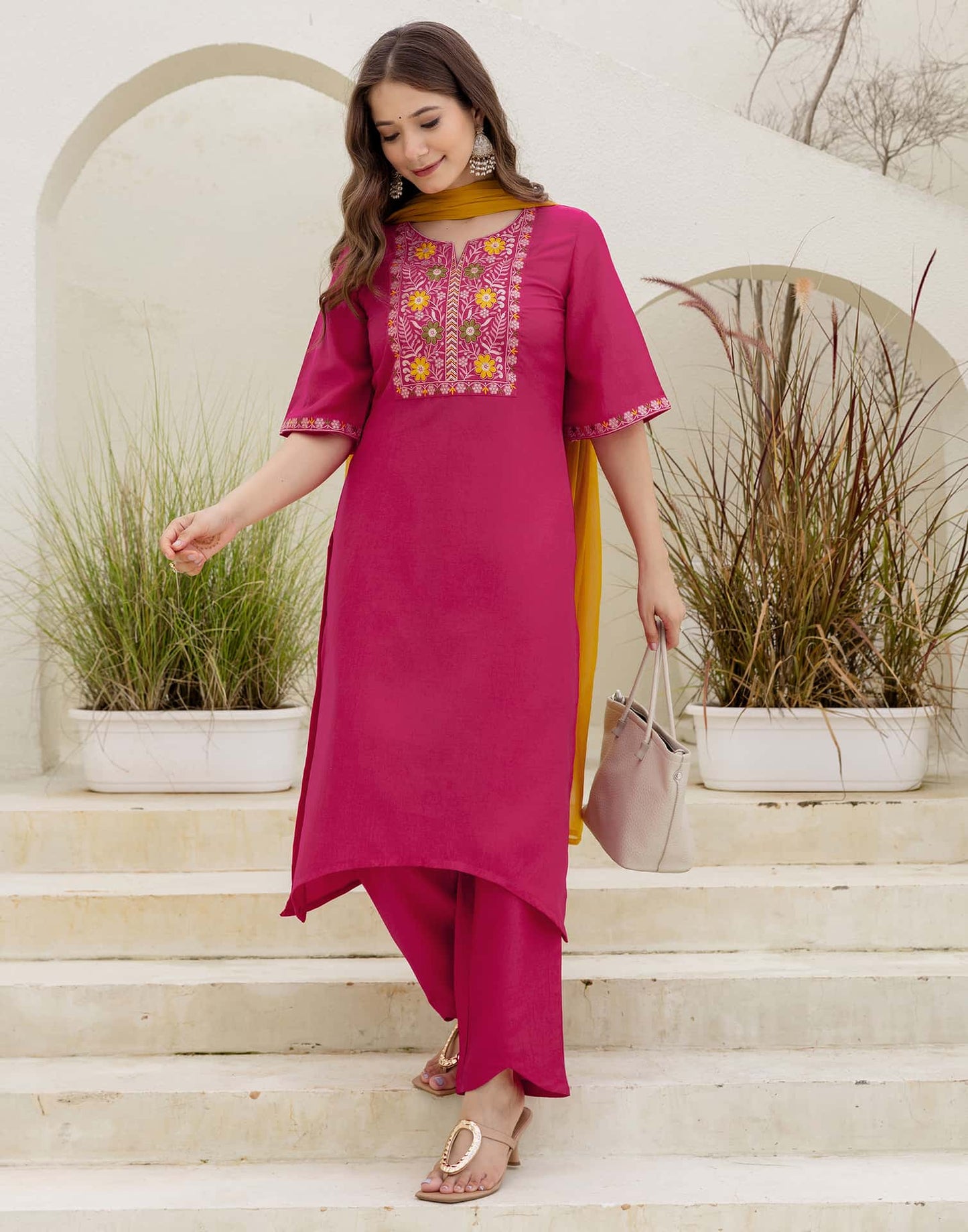 Chinnon Straight Embroidery V-Neck Kurta with Pant & Dupatta