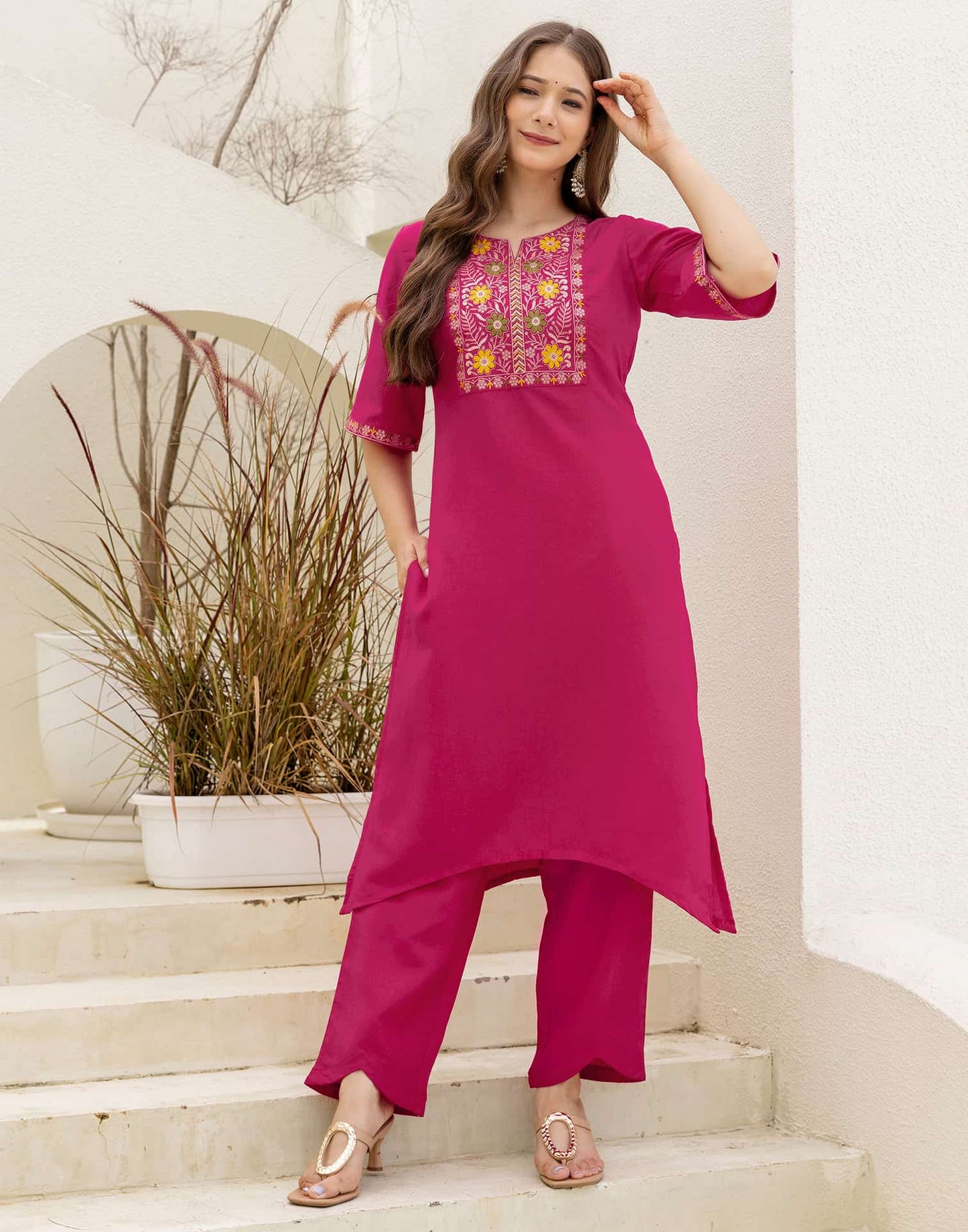 Chinnon Straight Embroidery V-Neck Kurta with Pant & Dupatta