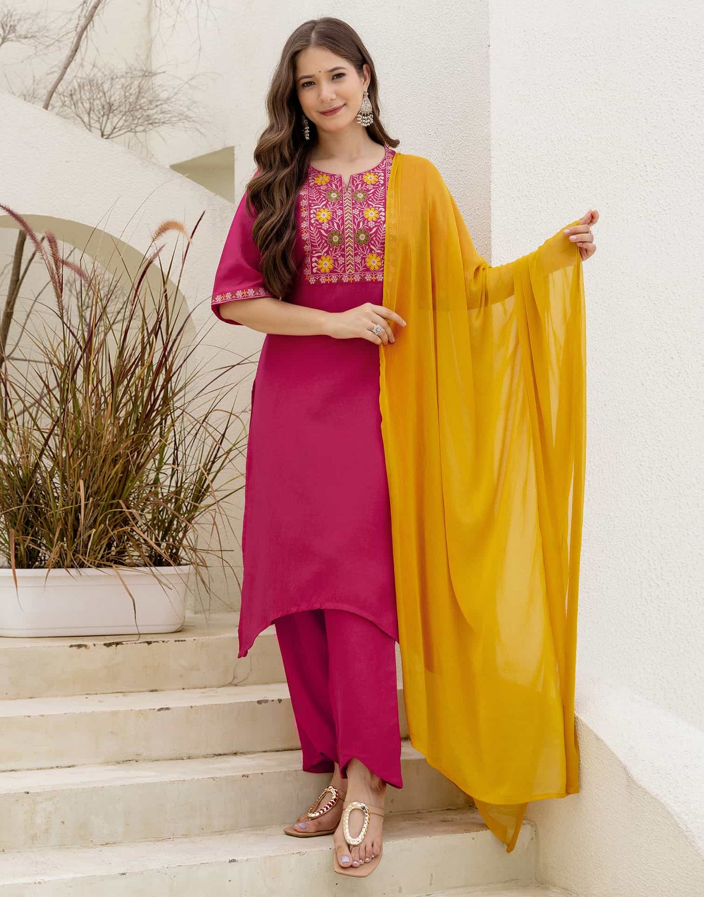 Chinnon Straight Embroidery V-Neck Kurta with Pant & Dupatta