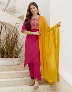 Poly Chinnon Embroidered Straight 3 Piece Kurta Set