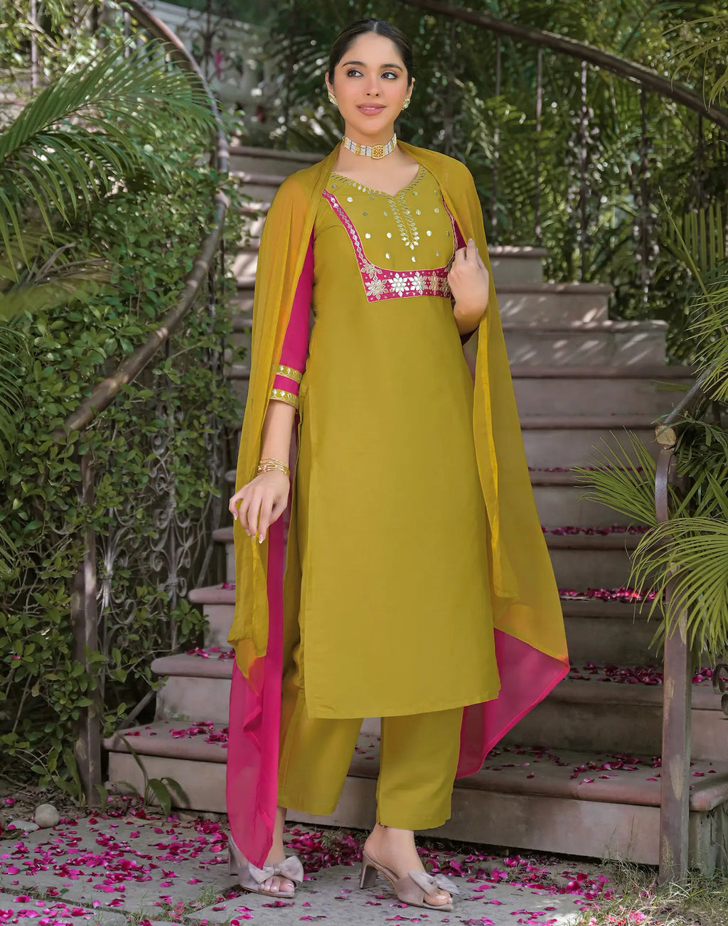 Poly Chinnon Embroidered Straight 3 Piece Kurta Set