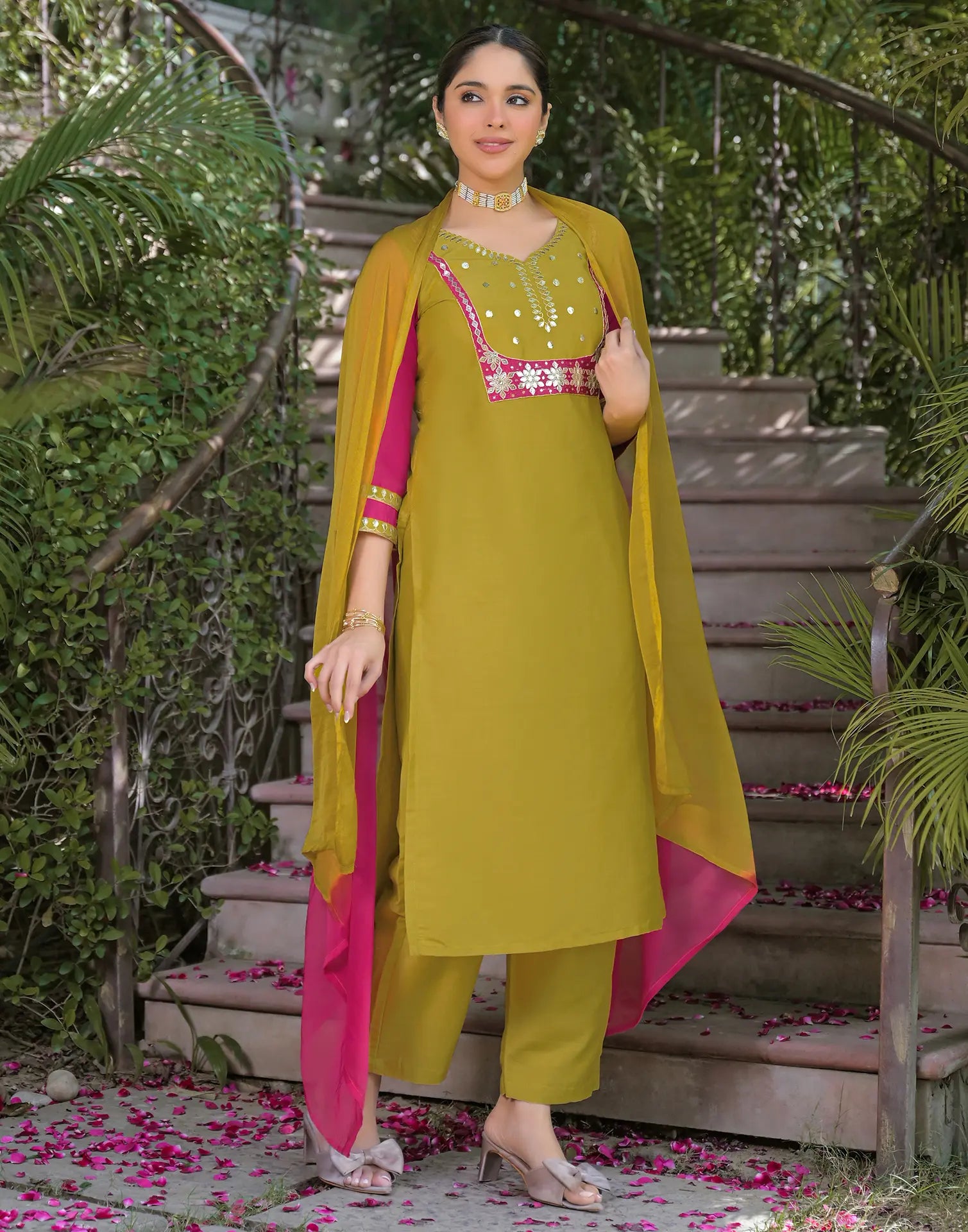 Poly Chinnon Embroidered Straight 3 Piece Kurta Set