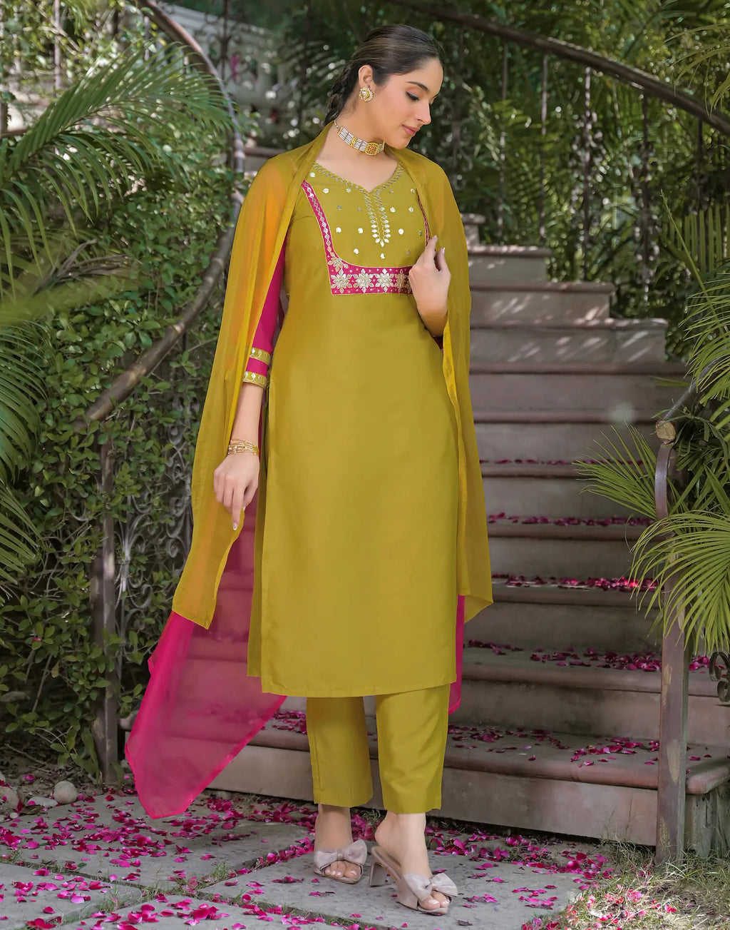 Poly Chinnon Embroidered Straight 3 Piece Kurta Set