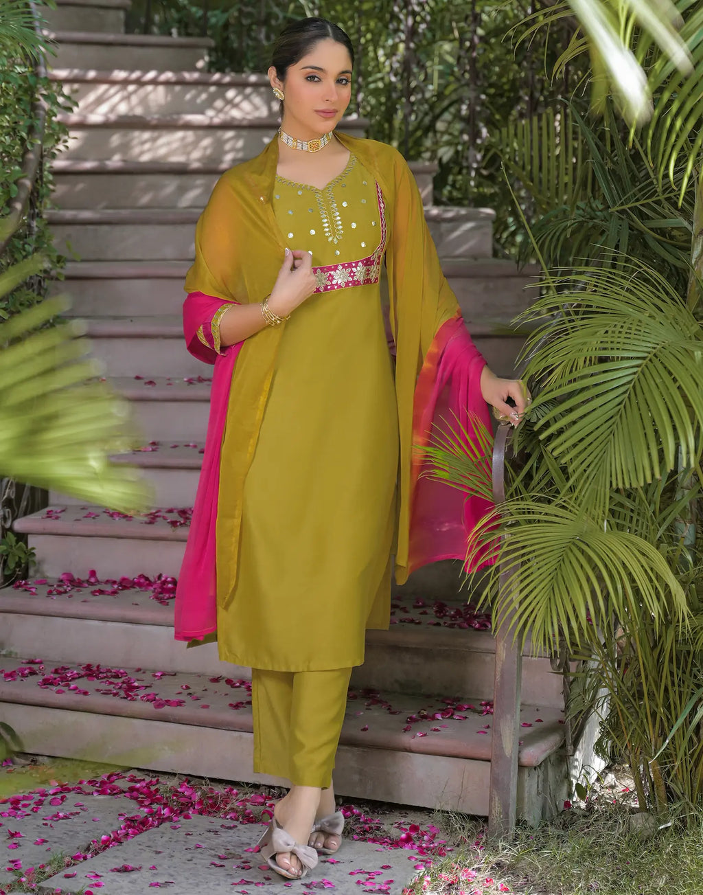 Poly Chinnon Embroidered Straight 3 Piece Kurta Set
