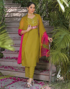 Poly Chinnon Embroidered Straight 3 Piece Kurta Set