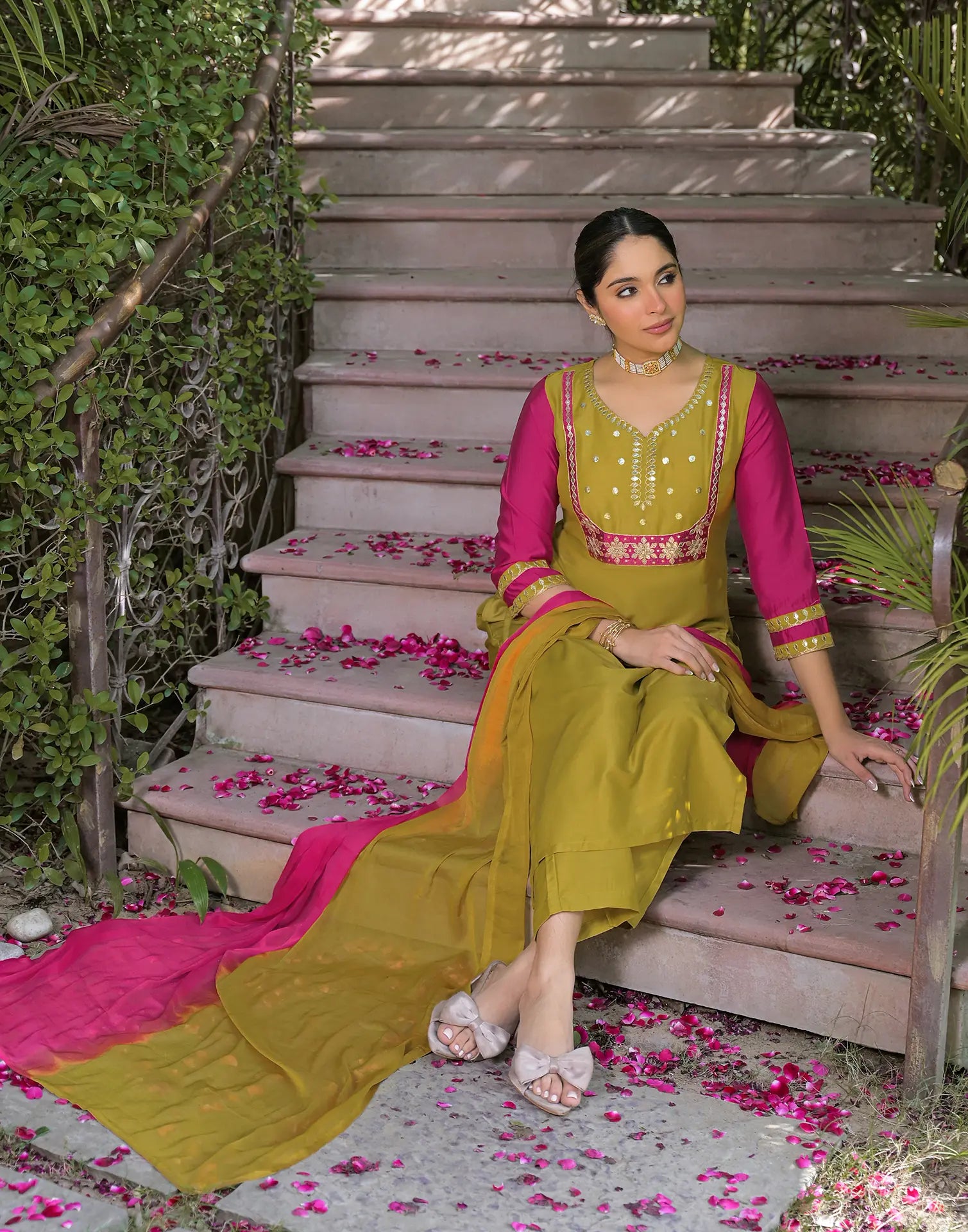 Poly Chinnon Embroidered Straight 3 Piece Kurta Set