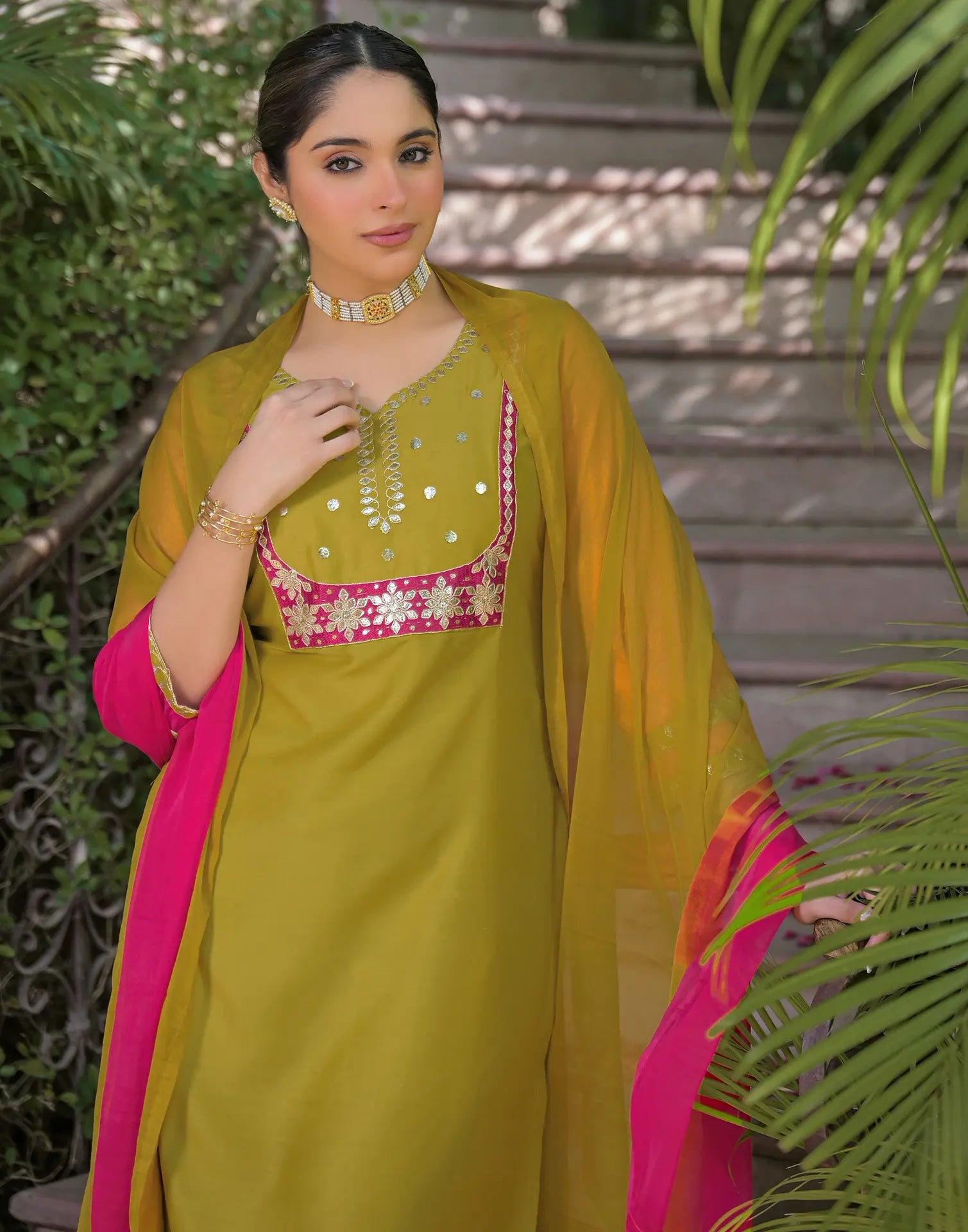 Poly Chinnon Embroidered Straight 3 Piece Kurta Set