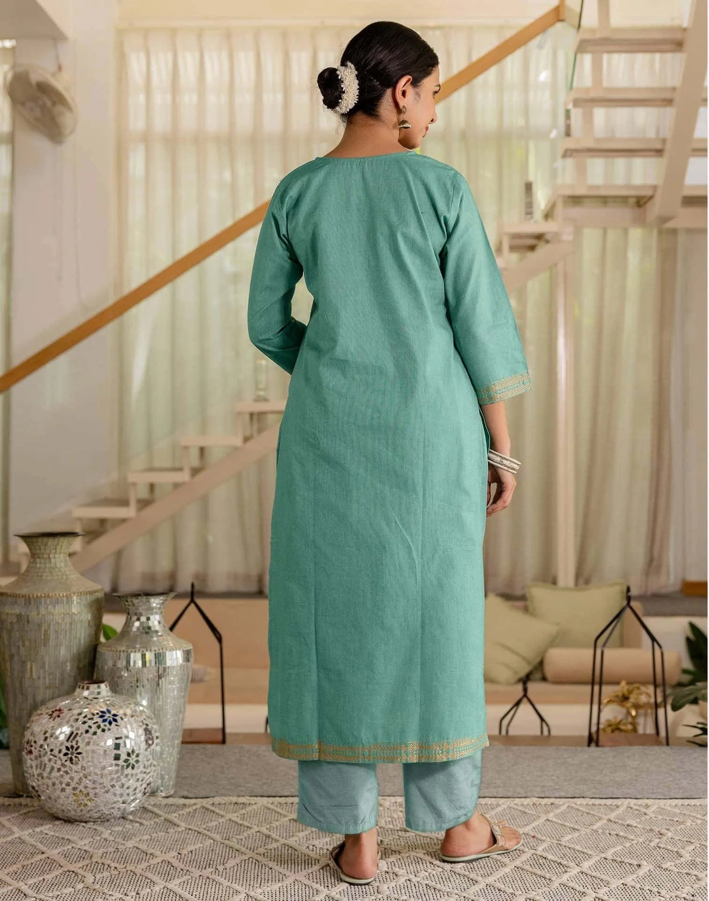 Cotton Weaving Straight Kurta with Pant & Dupatta