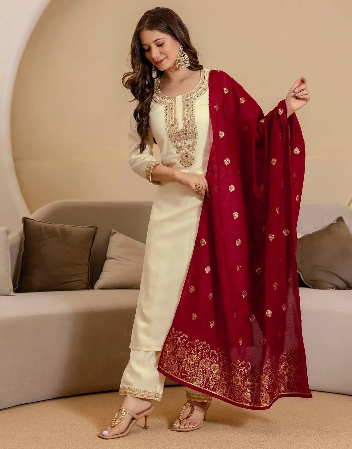 Affordable Beige Silk Embroidered Straight Kurta Set under 1299