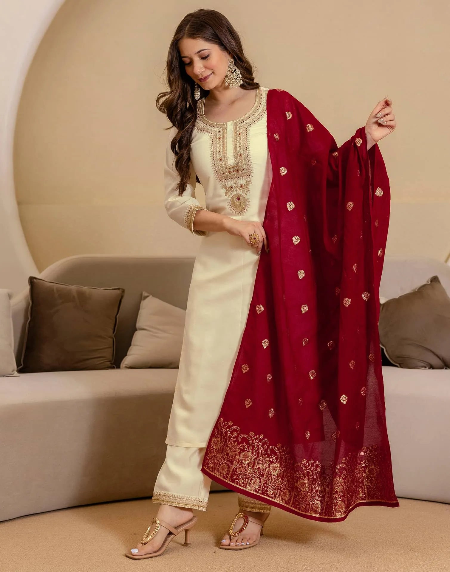 Affordable Beige Silk Embroidered Straight Kurta Set under 1299