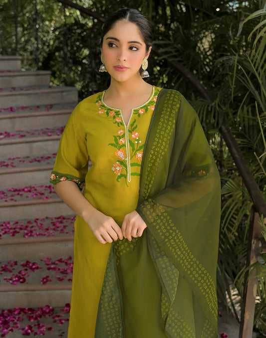 Silk Blend Embroidered Straight 3 Piece Kurta Set