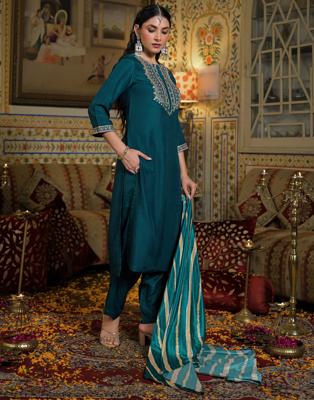 Skylee Chinnon Embroidered Straight 3 Piece Kurta Set For Woman