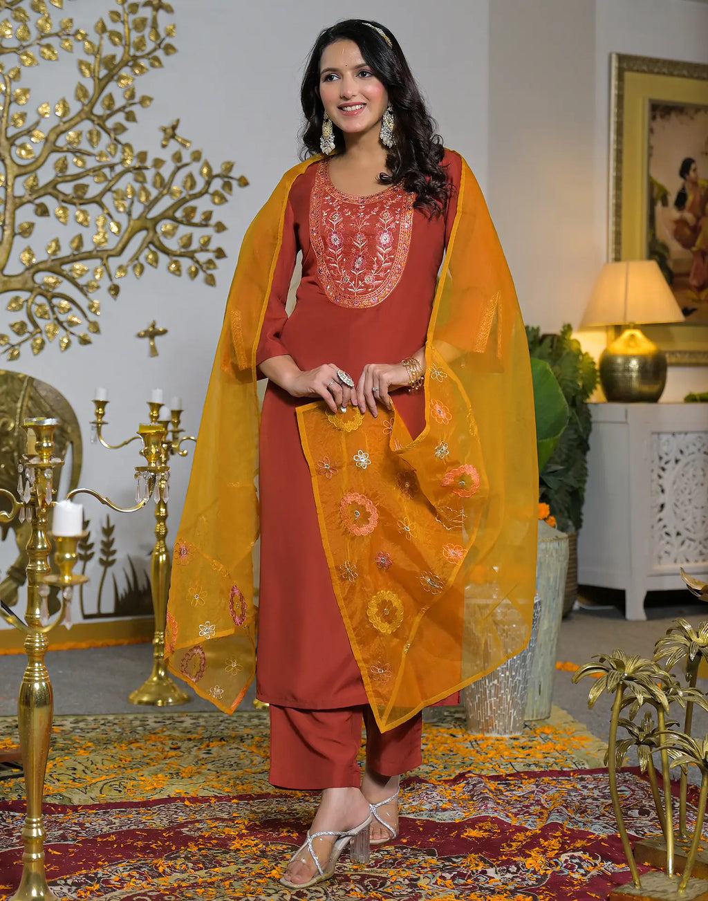 Poly Chinnon Embroidered Straight 3 Piece Kurta Set