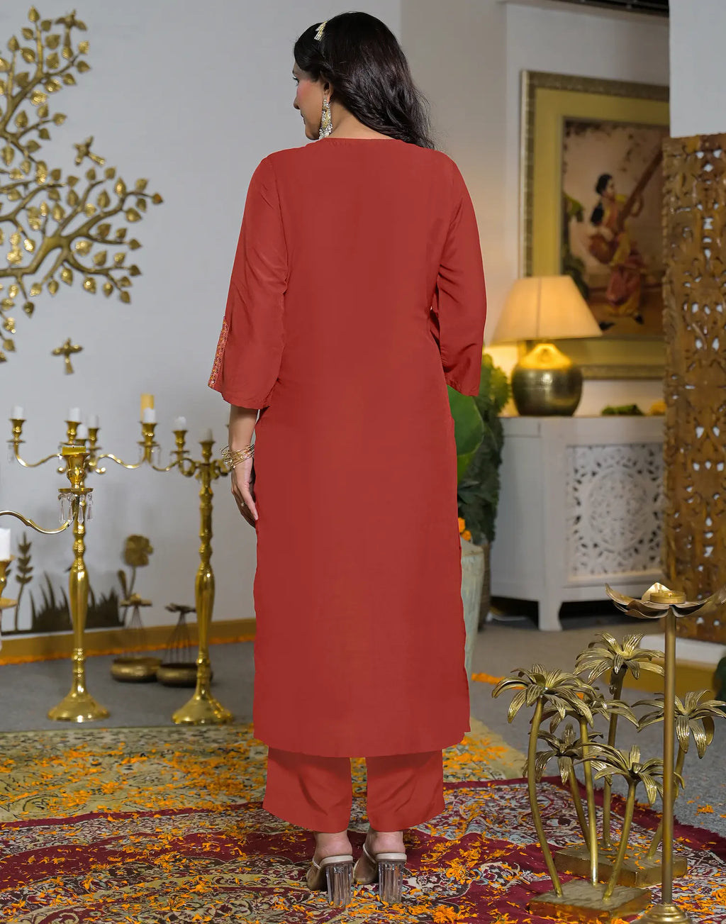 Poly Chinnon Embroidered Straight 3 Piece Kurta Set