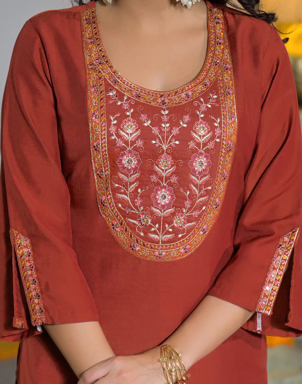 Poly Chinnon Embroidered Straight 3 Piece Kurta Set