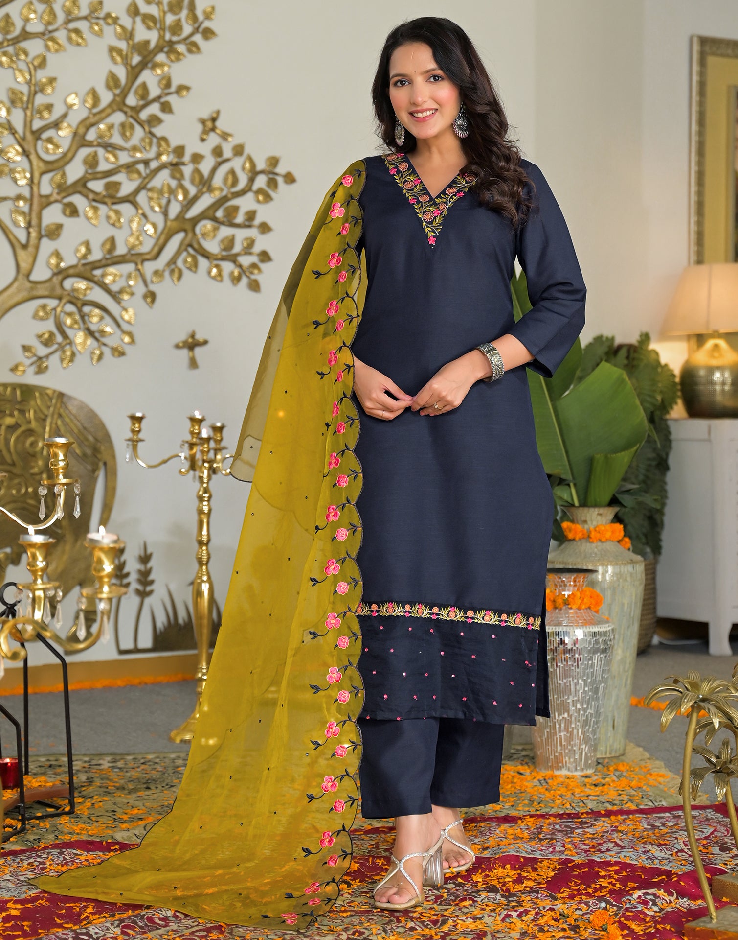 Skylee Silk Embroidered Straight 3 Piece Kurta Set For Woman