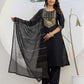 Black Silk Woven Straight Kurta Set with Pant & Dupatta for Women