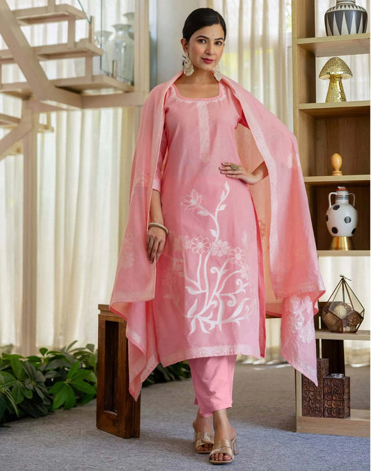 Cotton Weaving Straight Kurta with Pant & Dupatta