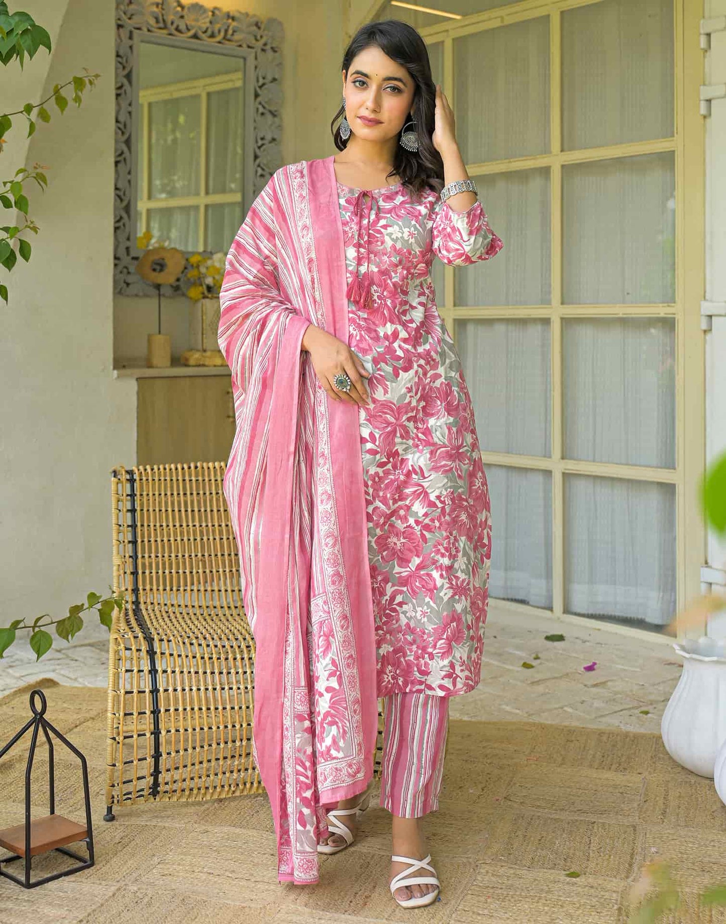 Cotton Straight Printed Keyhole Neck Kurta with Pant & Dupatta