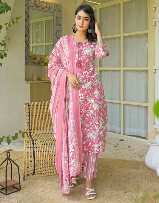 Cotton Straight Printed Keyhole Neck Kurta with Pant & Dupatta