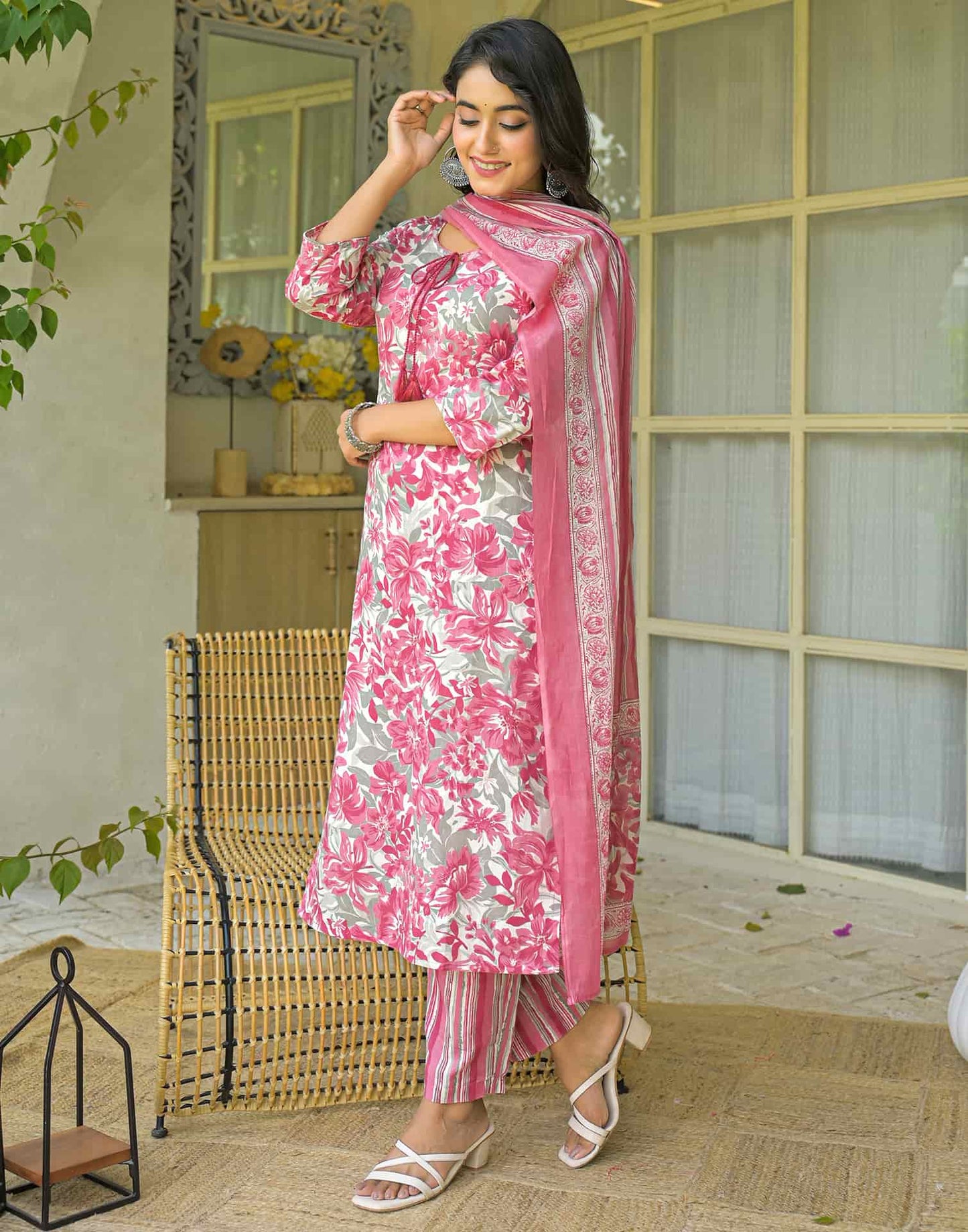 Cotton Straight Printed Keyhole Neck Kurta with Pant & Dupatta