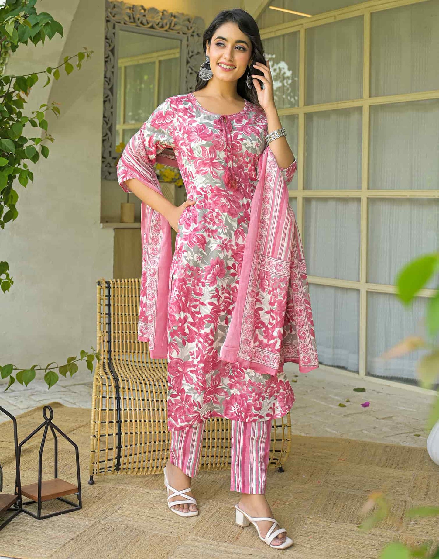 Cotton Straight Printed Keyhole Neck Kurta with Pant & Dupatta