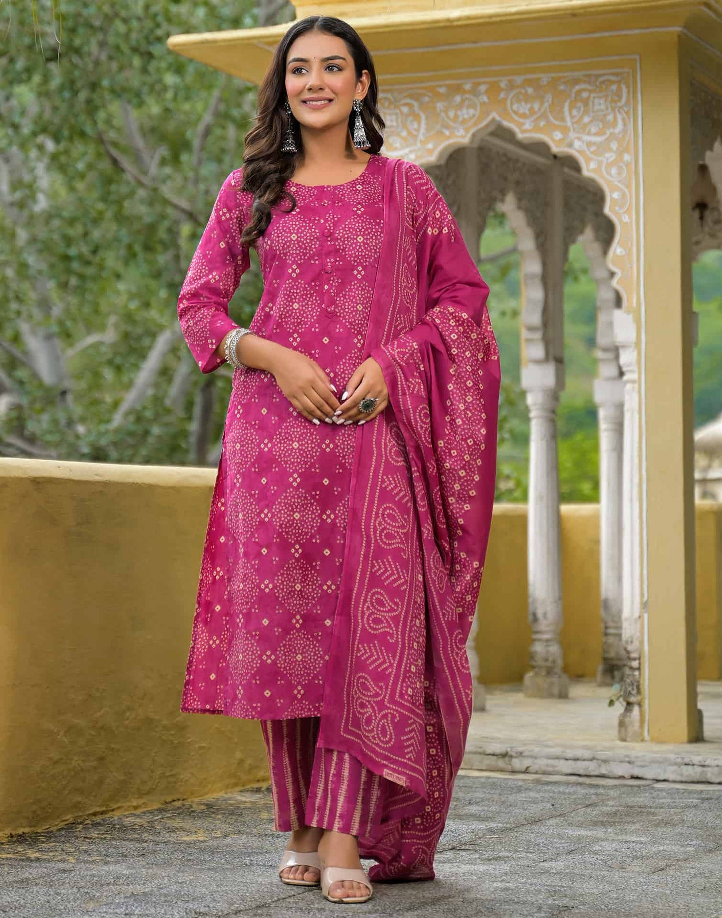 Cotton Straight Printed Round Neck Kurta with Pant & Dupatta