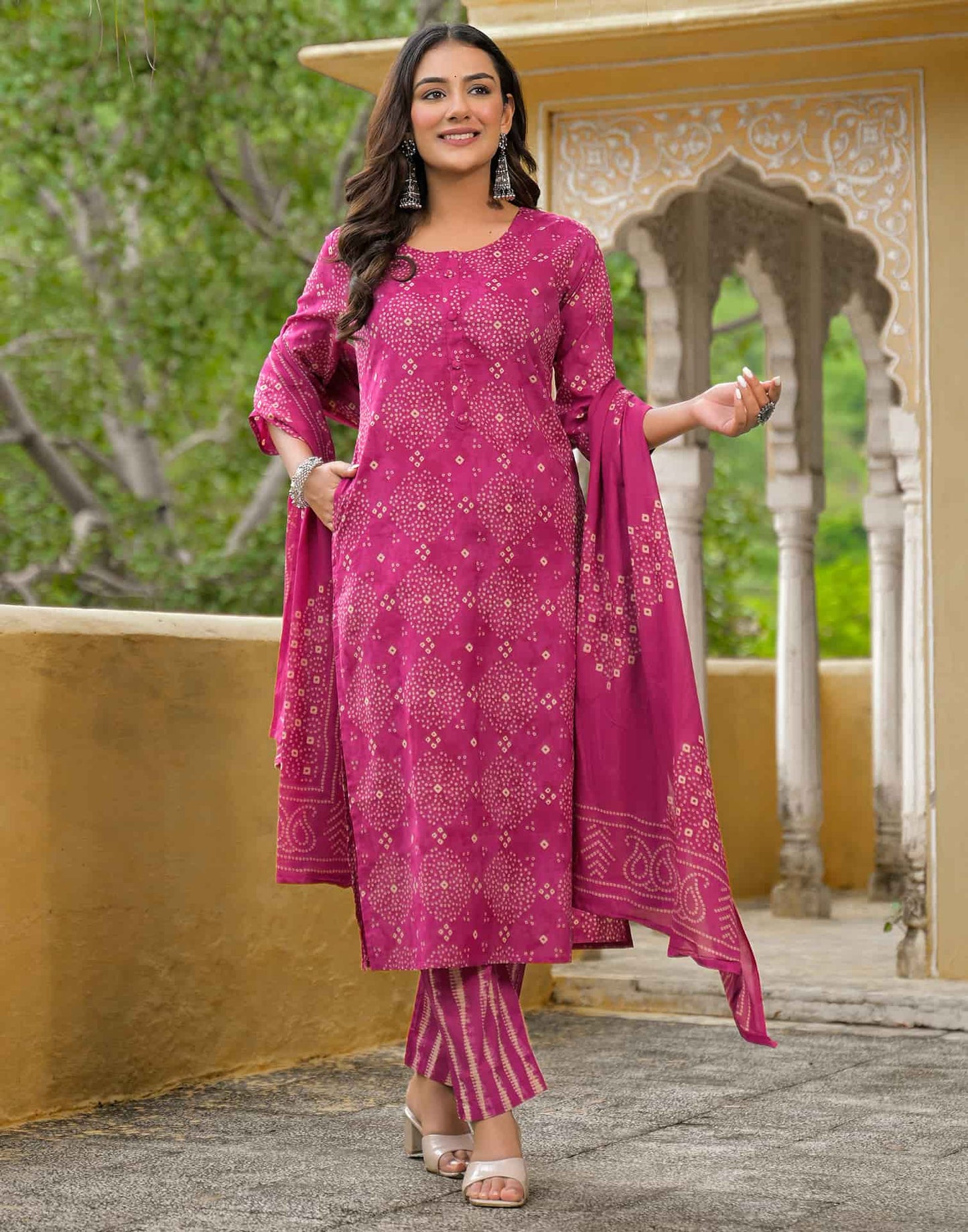 Cotton Straight Printed Round Neck Kurta with Pant & Dupatta