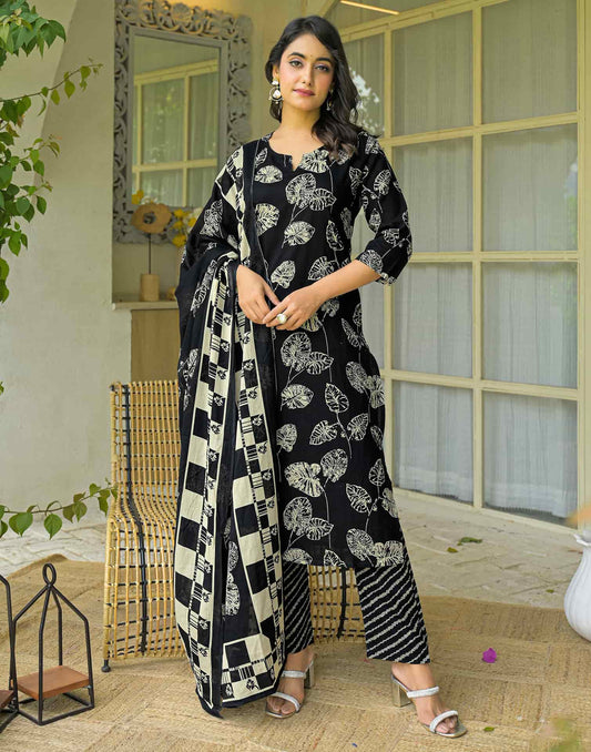 Cotton Straight Printed V-Neck Kurta with Pant & Dupatta