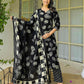 Cotton Straight Printed V-Neck Kurta with Pant & Dupatta