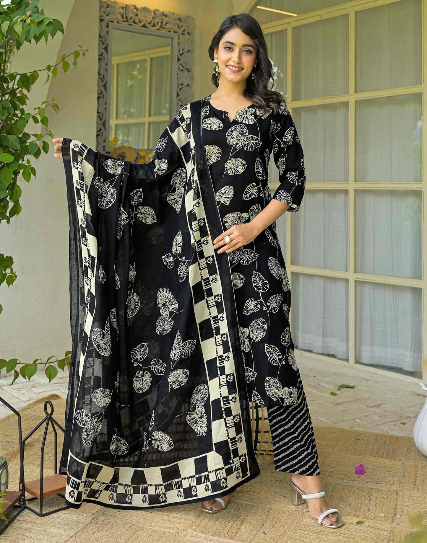 Cotton Straight Printed V-Neck Kurta with Pant & Dupatta