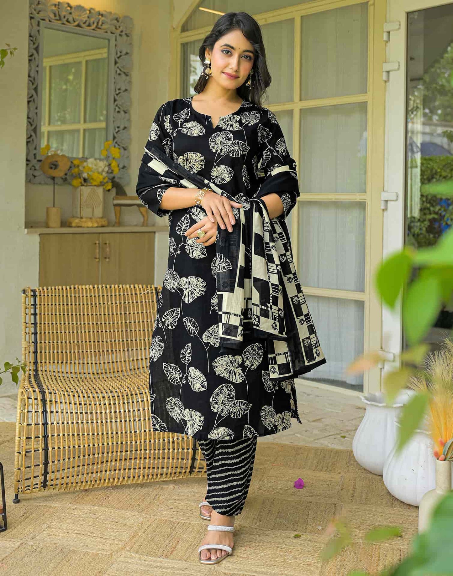 Cotton Straight Printed V-Neck Kurta with Pant & Dupatta