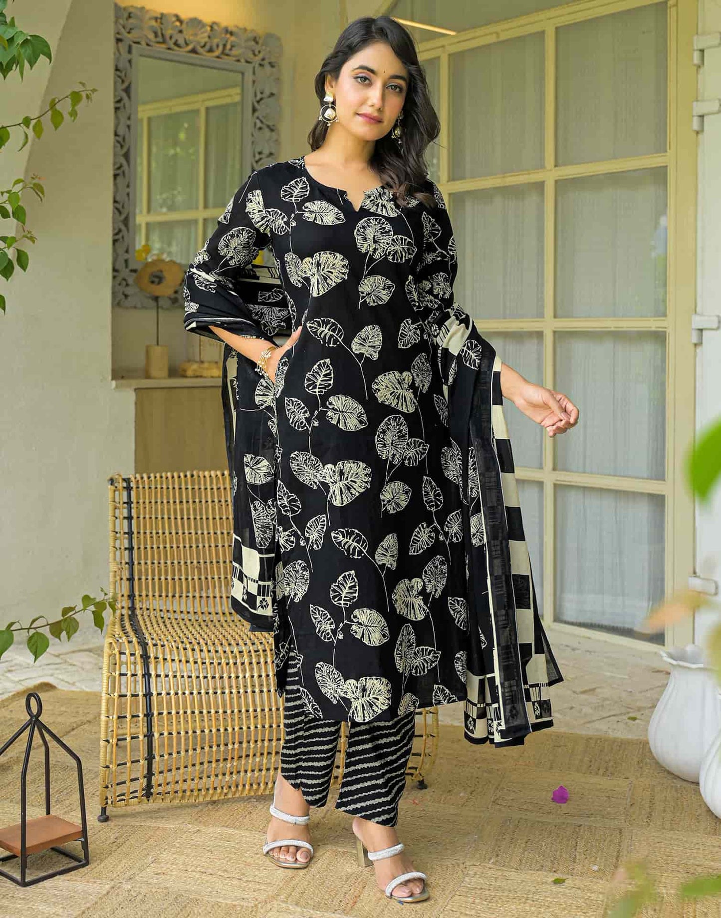 Cotton Straight Printed V-Neck Kurta with Pant & Dupatta