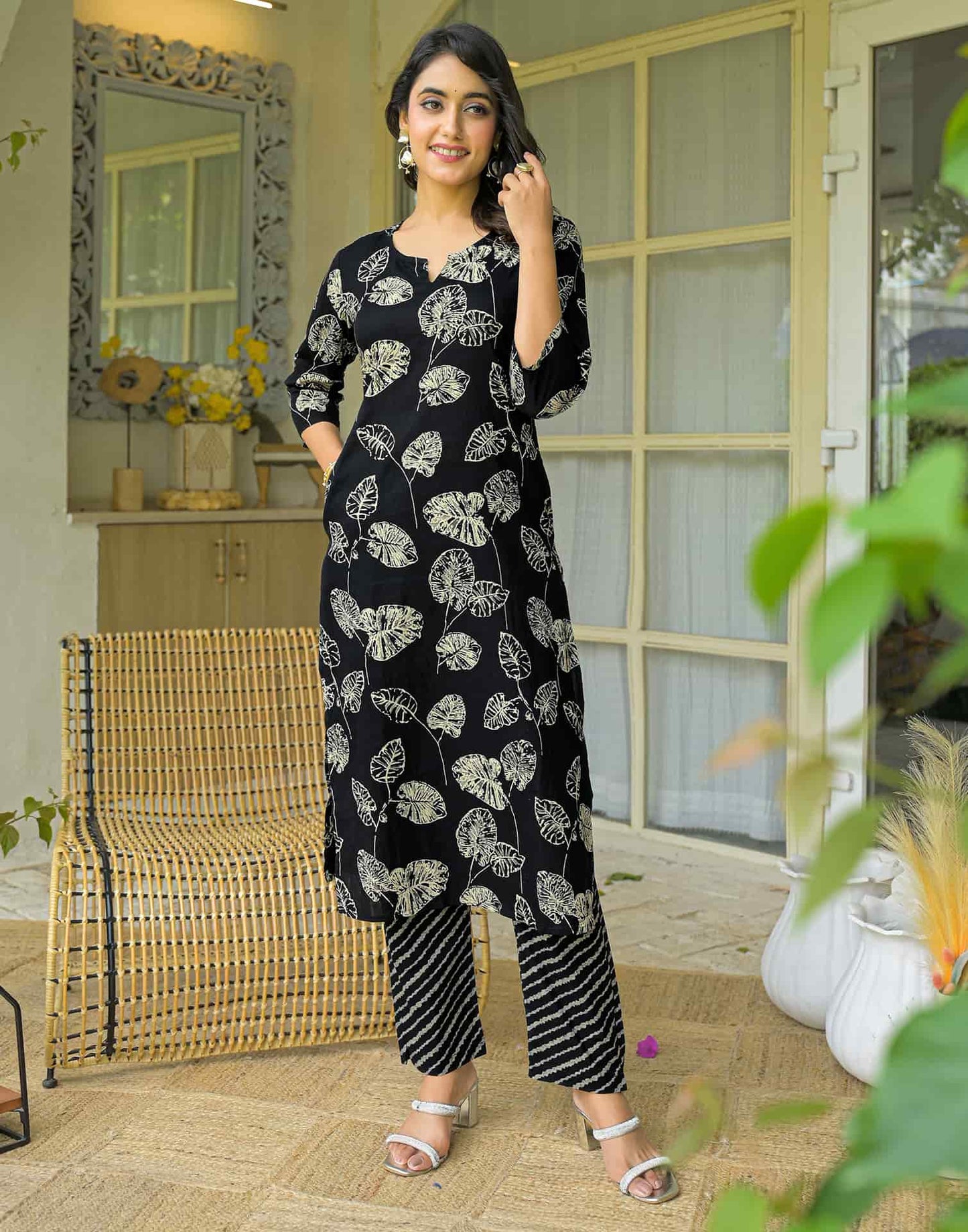 Cotton Straight Printed V-Neck Kurta with Pant & Dupatta