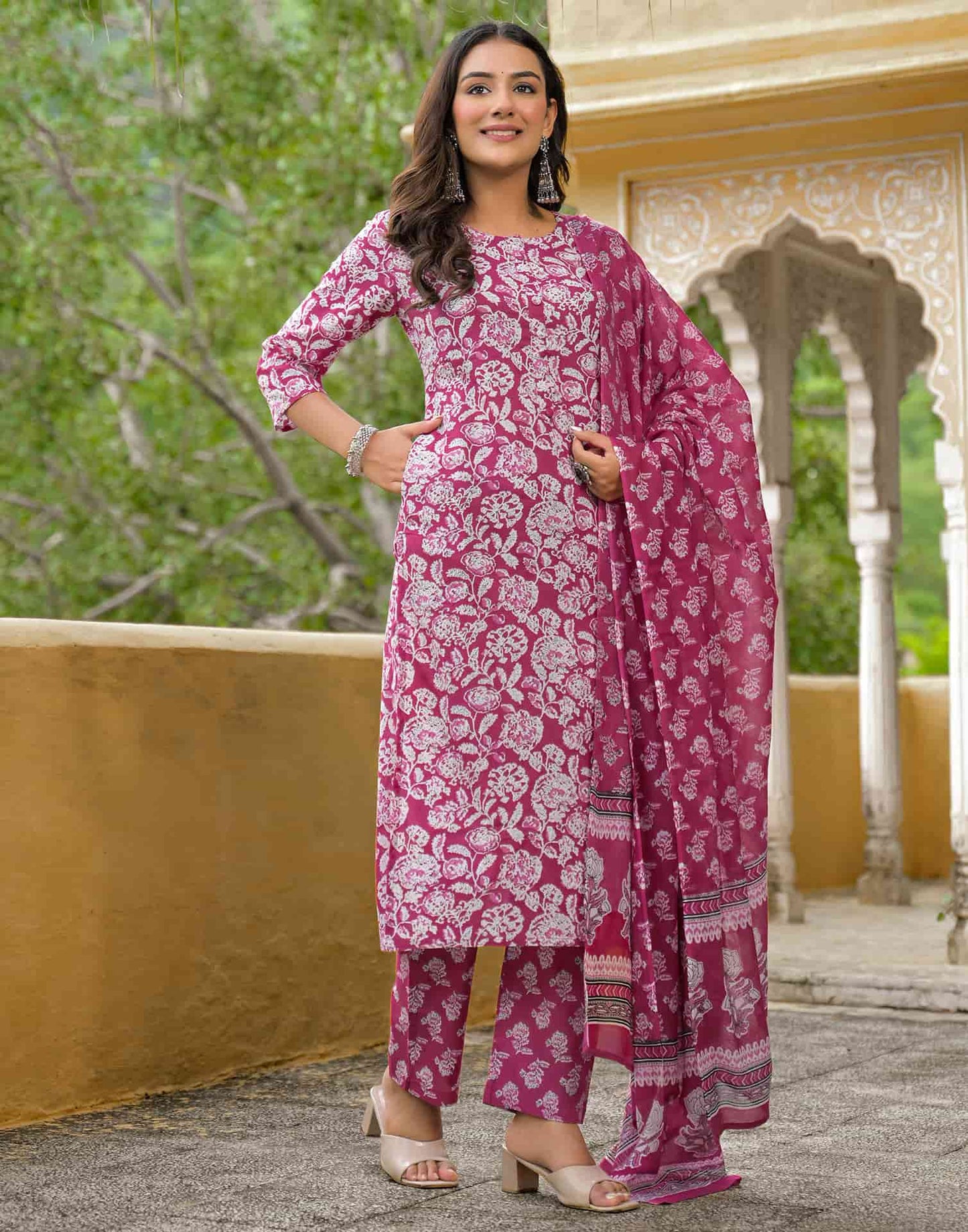 Cotton Straight Printed Round Neck Kurta with Pant & Dupatta