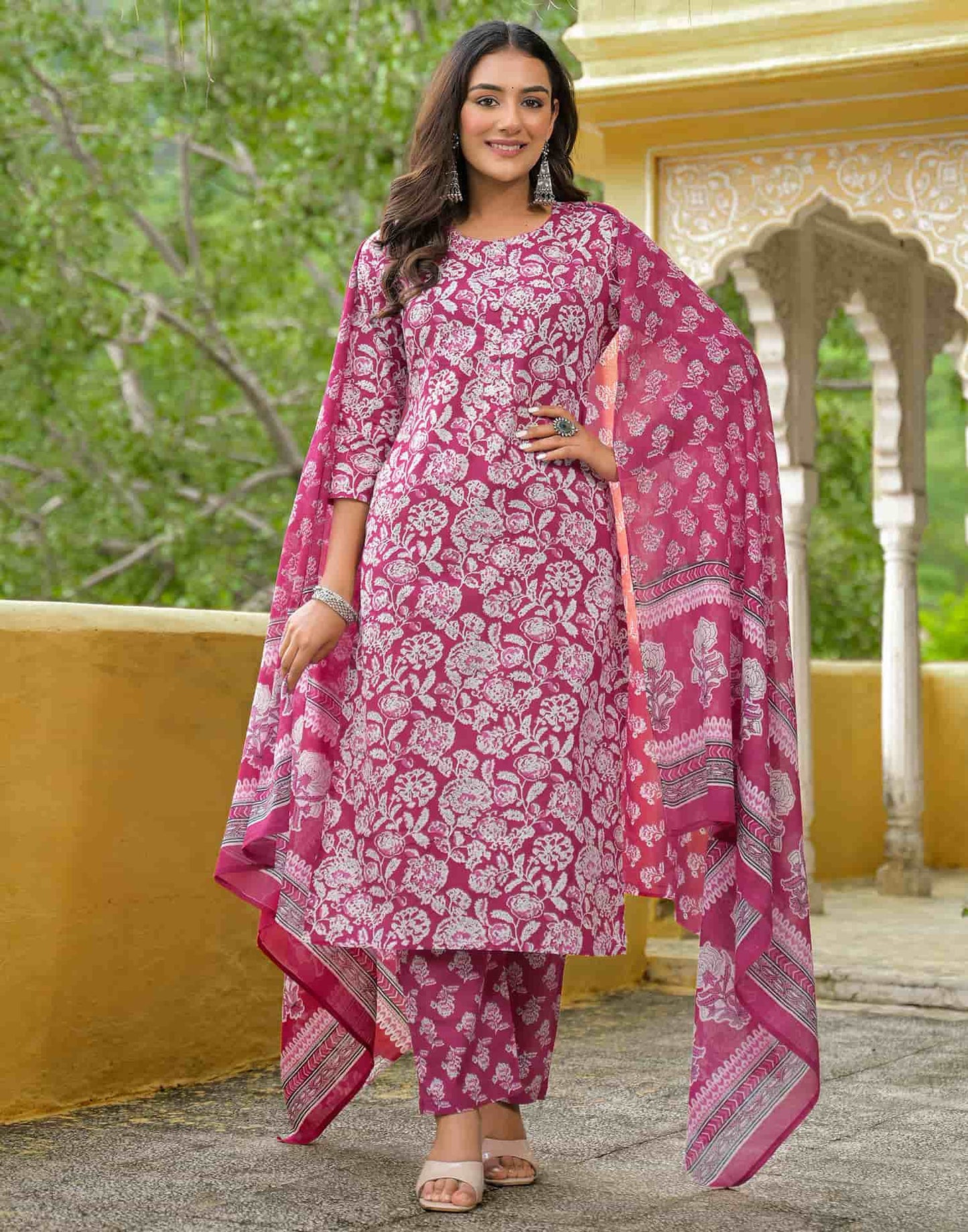 Cotton Straight Printed Round Neck Kurta with Pant & Dupatta