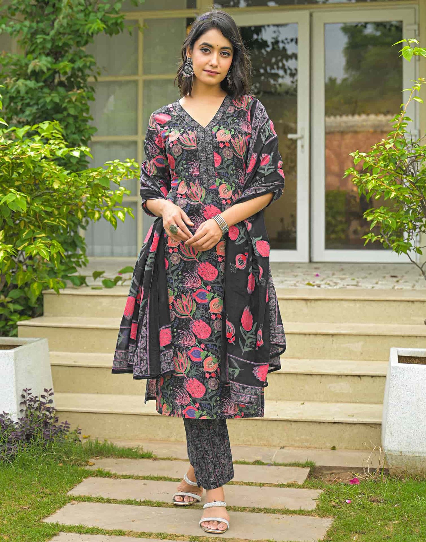 Cotton Straight Printed V-Neck Kurta with Pant & Dupatta