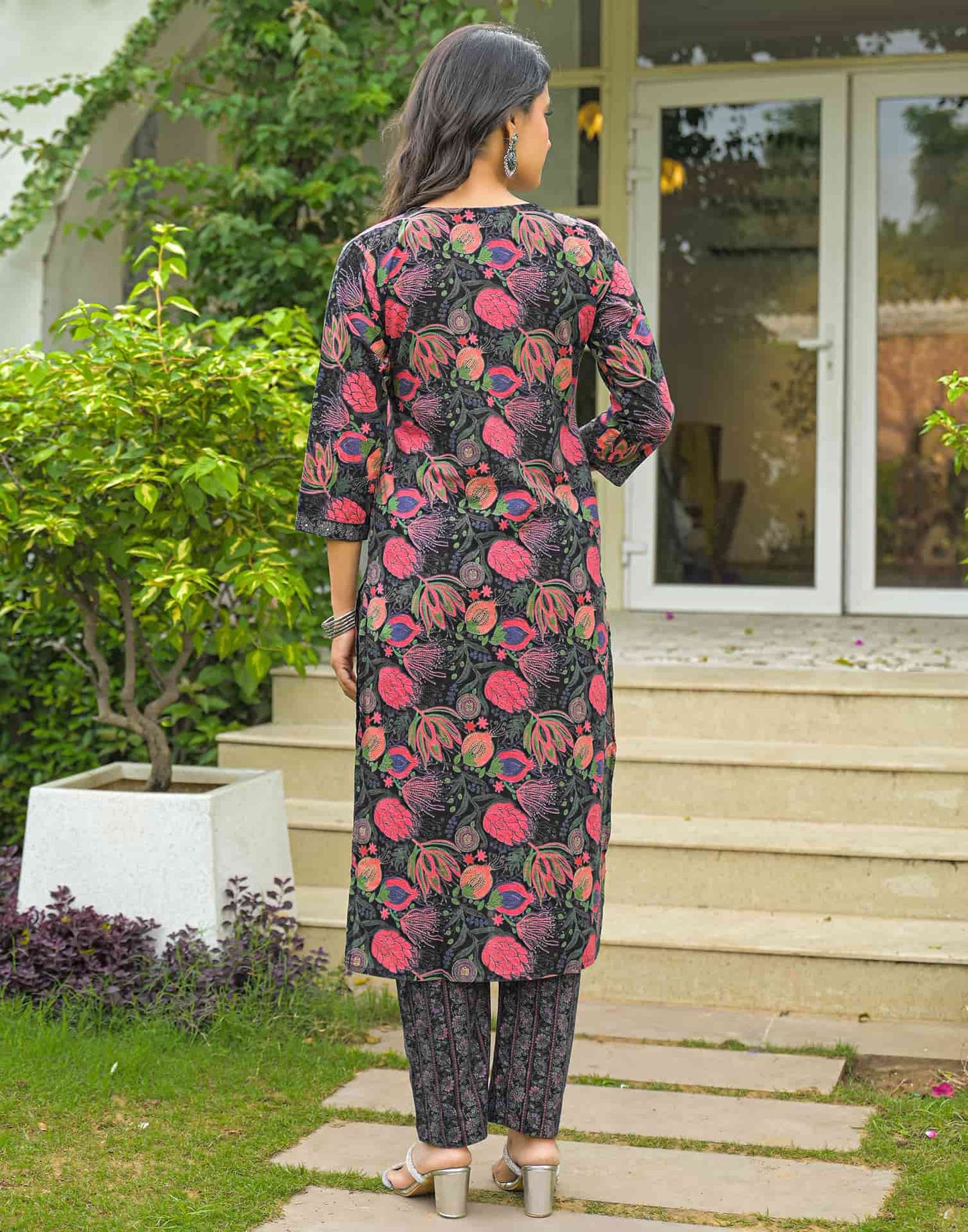 Cotton Straight Printed V-Neck Kurta with Pant & Dupatta