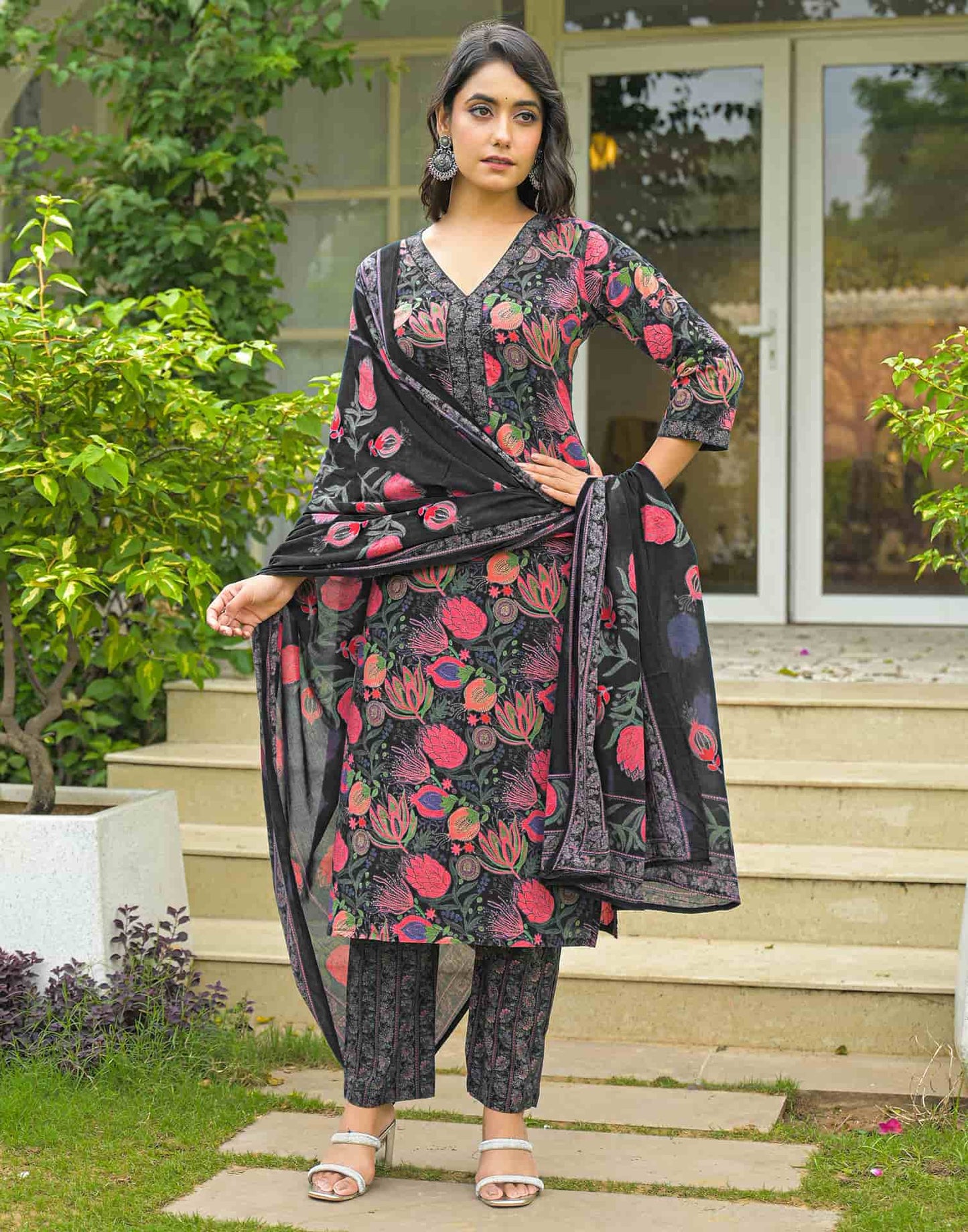 Cotton Straight Printed V-Neck Kurta with Pant & Dupatta