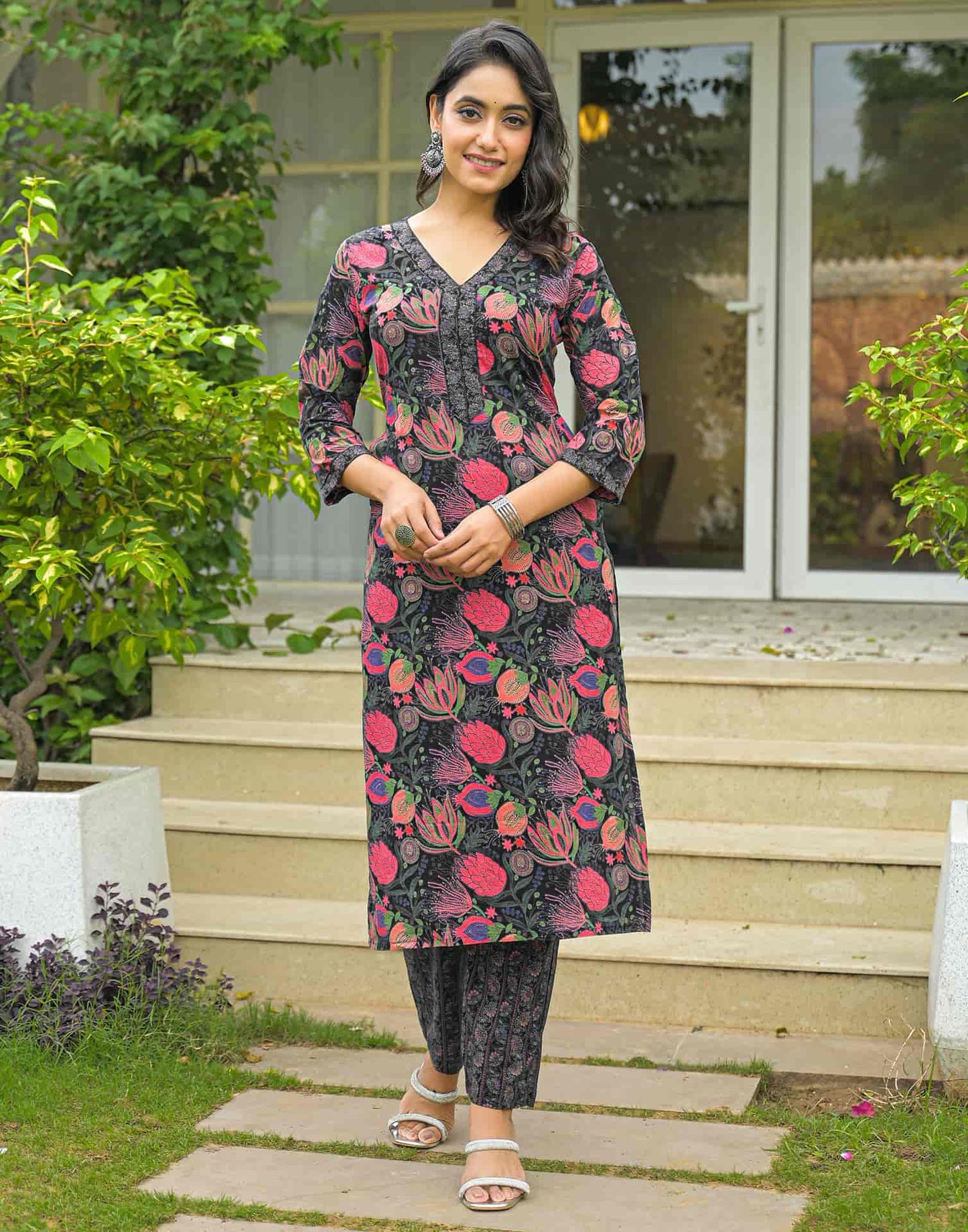 Cotton Straight Printed V-Neck Kurta with Pant & Dupatta